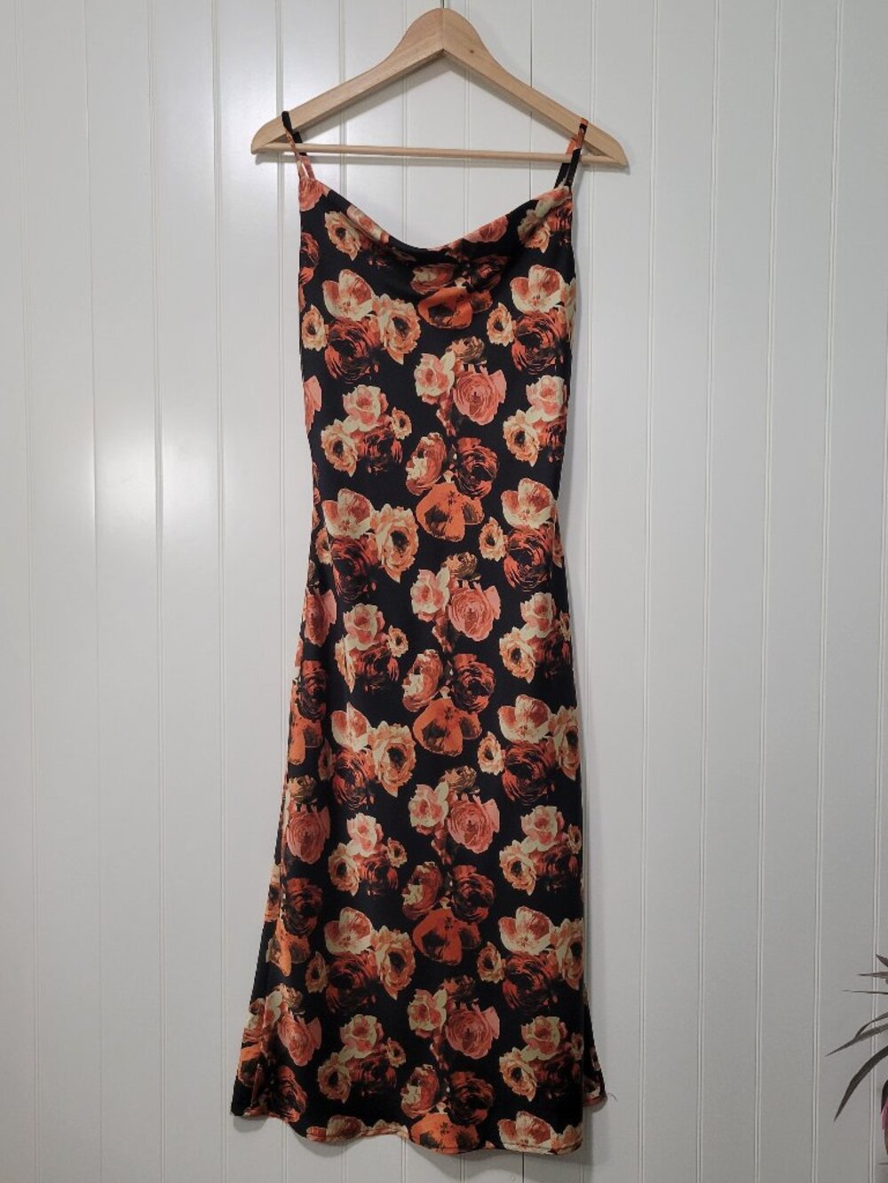 Dark Romantic Practical Magic Black Satin Rose Floral Cowl Neck Midi Slip Dress